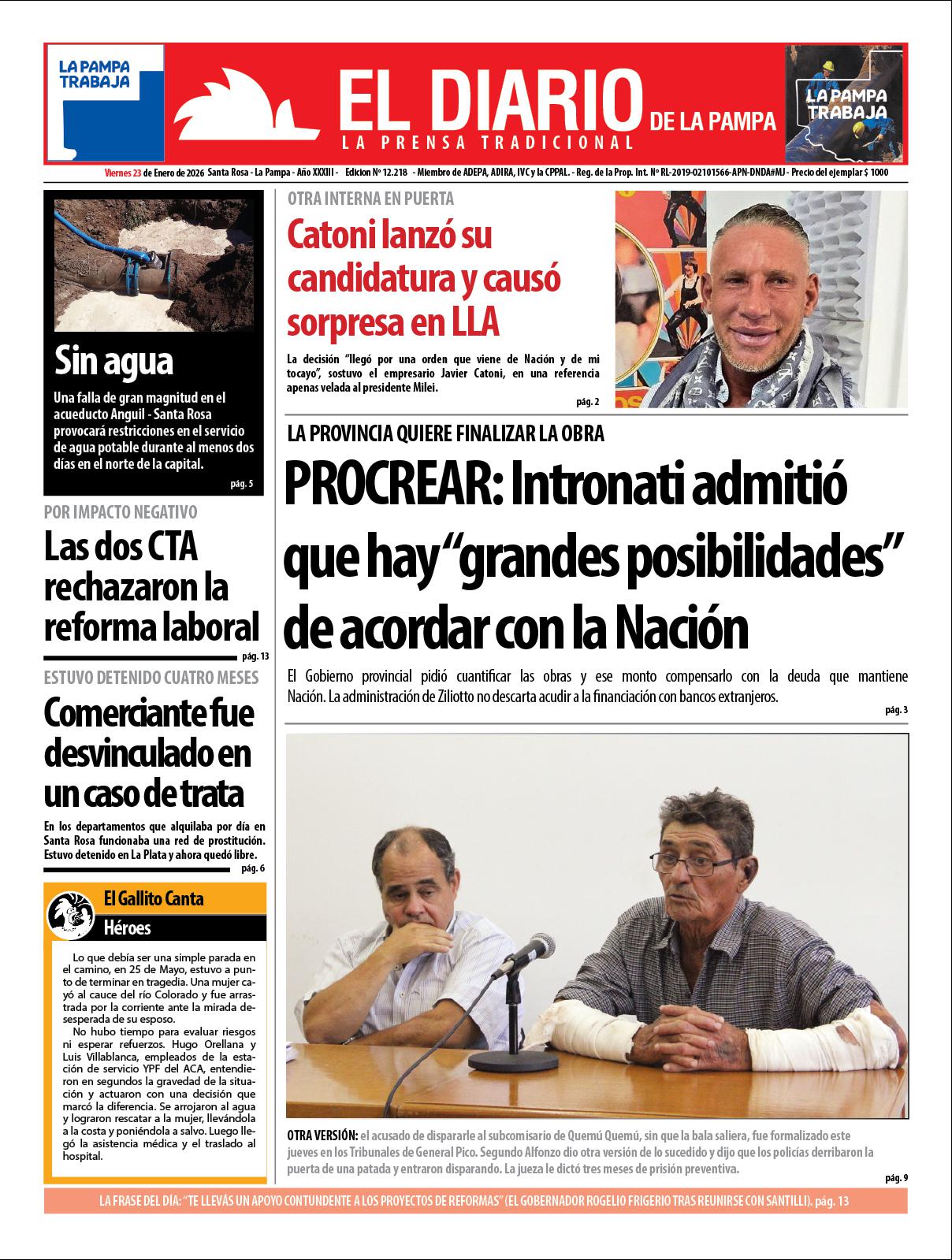 Tapa de El Diario en papel  viernes 23 de enero de 2026